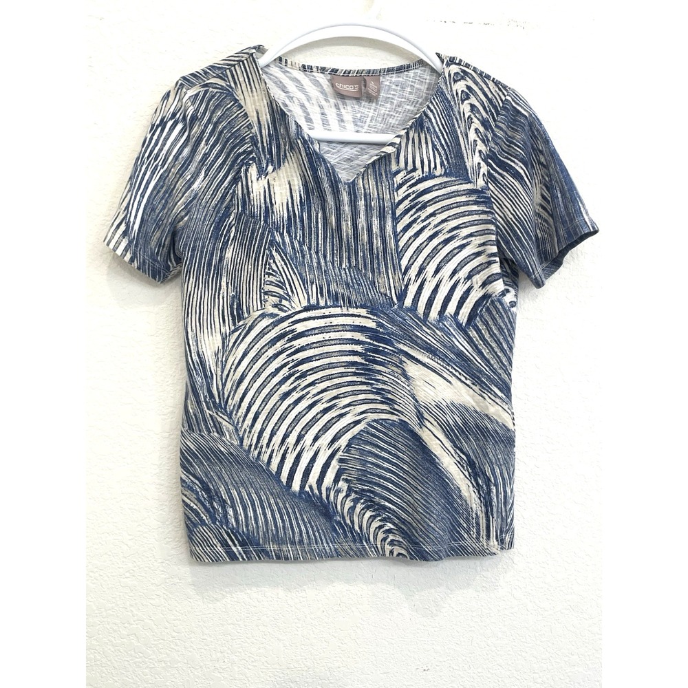 Chico's Top 1 Blue Printed Tshirt Tee Casual Summer Shirt Beach Resort 8 medium